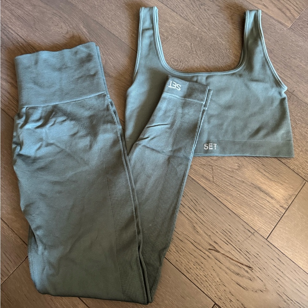SET Active Olive Green Ribbed Leggings & Crop Tank Set